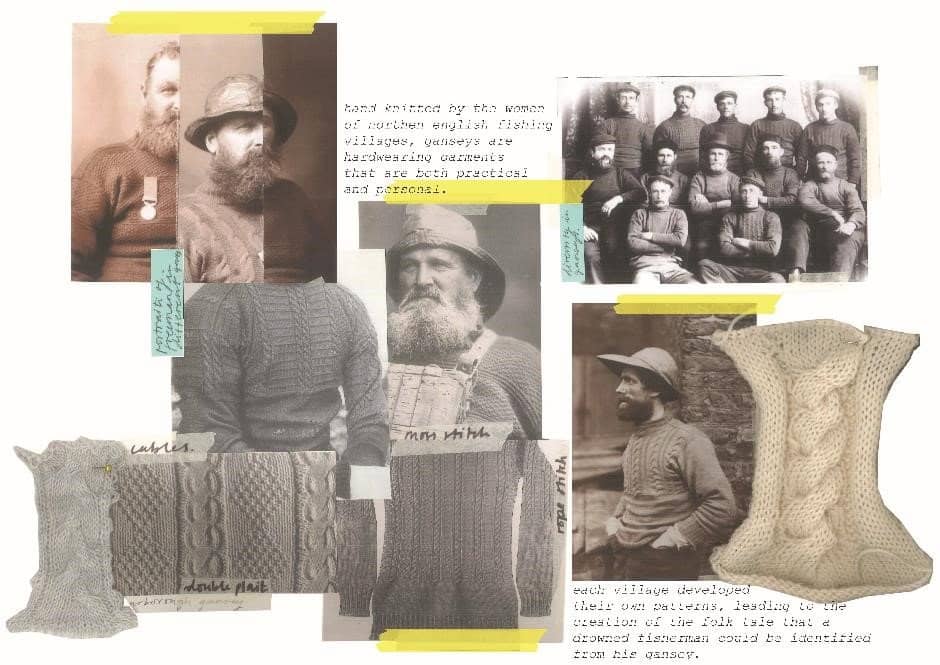 Initial research for the fishermen's ganseys, using Frank Sutcliffe's portraits. The focus is on the unique placements of cables and moss stitch.