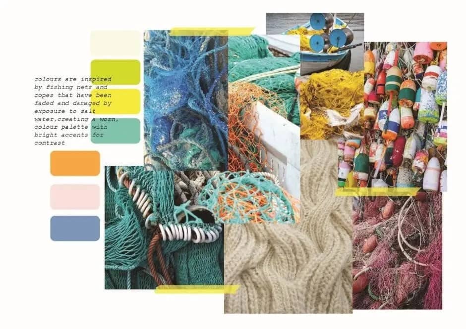 Colours are influence by fishing nets and ropes, but rather than using bold/neon colours, the colours are reimagined as if they were sunbleached, creating a pastel palette.